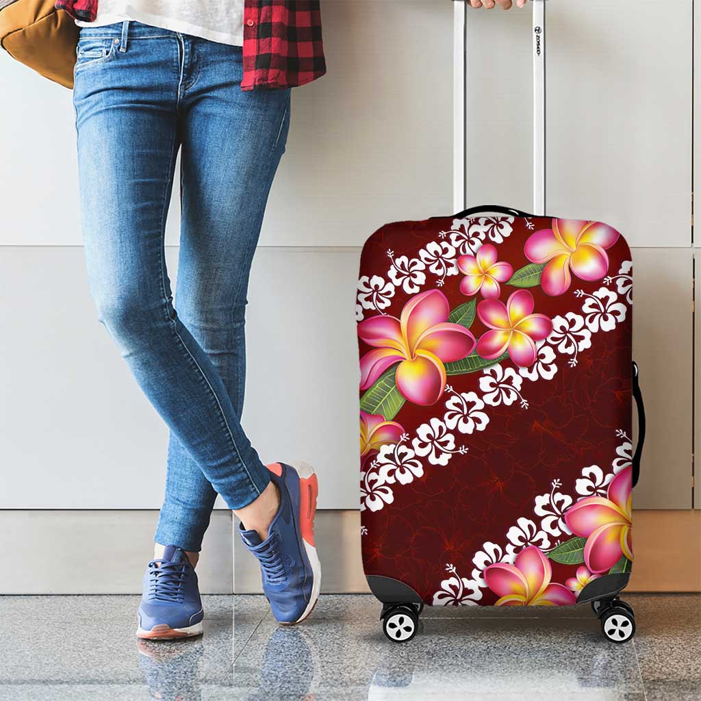 Oxblood Polynesia Luggage Cover Plumeria With Hibiscus Pattern Tropical Vibes