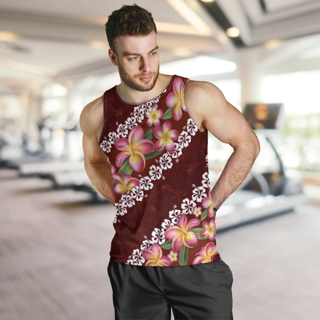 Oxblood Polynesia Men Tank Top Plumeria With Hibiscus Pattern Tropical Vibes