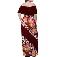 Oxblood Polynesia Off Shoulder Maxi Dress Plumeria With Hibiscus Pattern Tropical Vibes LT14 - Polynesian Pride