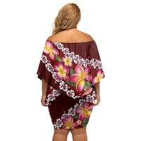 Oxblood Polynesia Off Shoulder Short Dress Plumeria With Hibiscus Pattern Tropical Vibes LT14 - Polynesian Pride