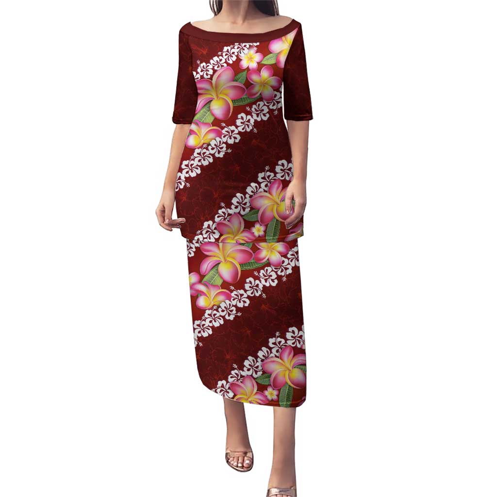 Oxblood Polynesia Puletasi Plumeria With Hibiscus Pattern Tropical Vibes LT14 Long Dress Oxblood - Polynesian Pride