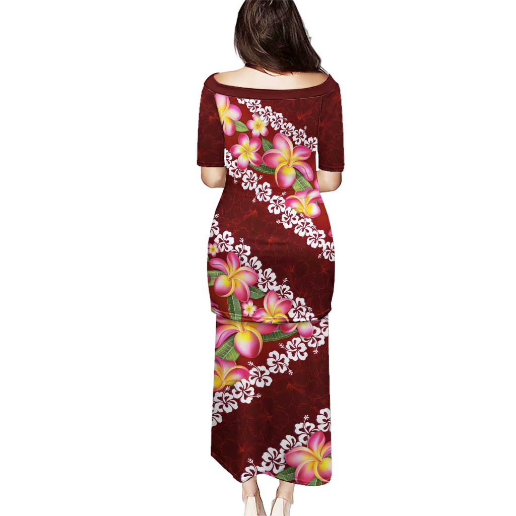 Oxblood Polynesia Puletasi Plumeria With Hibiscus Pattern Tropical Vibes LT14 - Polynesian Pride