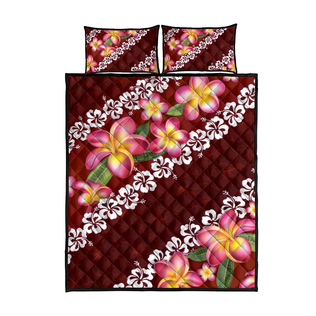 Oxblood Polynesia Quilt Bed Set Plumeria With Hibiscus Pattern Tropical Vibes LT14 - Polynesian Pride