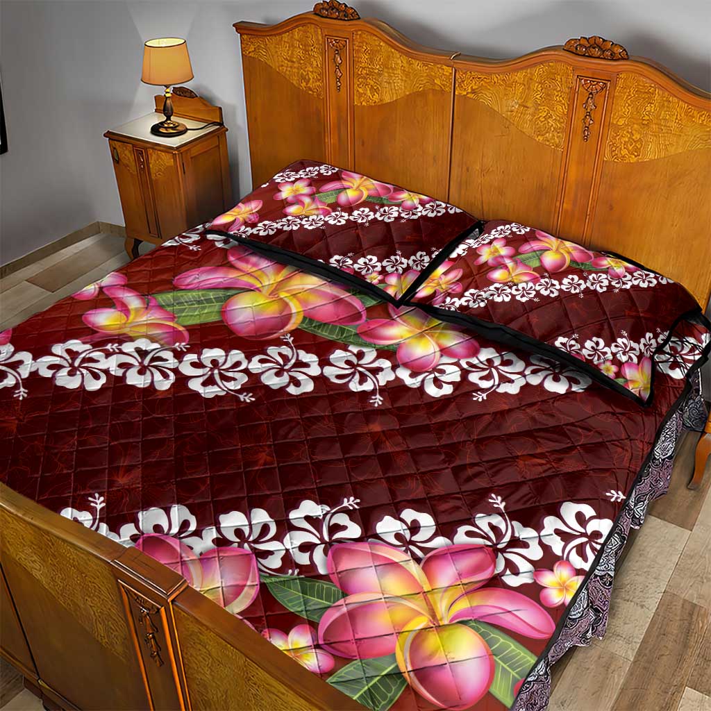 Oxblood Polynesia Quilt Bed Set Plumeria With Hibiscus Pattern Tropical Vibes LT14 - Polynesian Pride