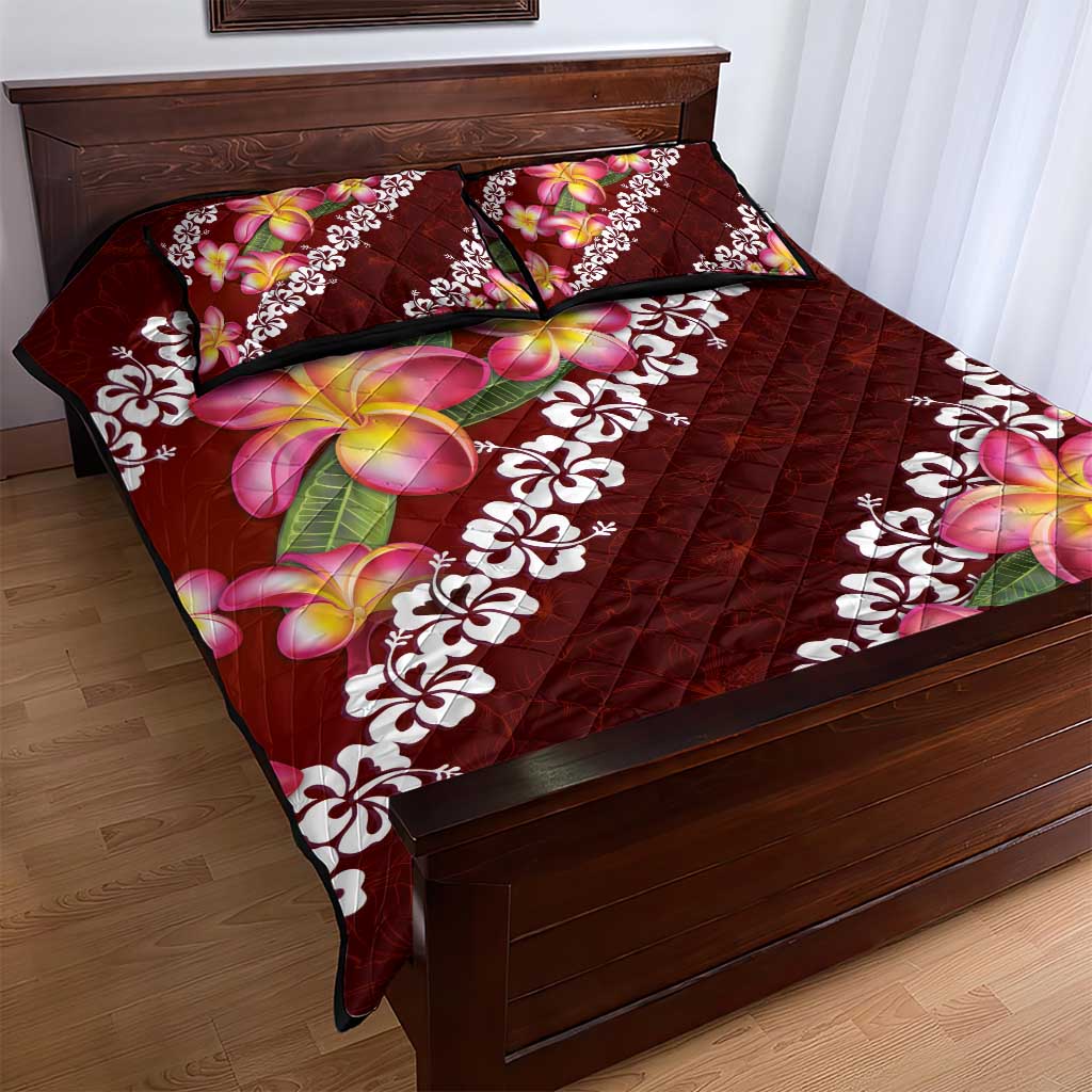 Oxblood Polynesia Quilt Bed Set Plumeria With Hibiscus Pattern Tropical Vibes LT14 - Polynesian Pride