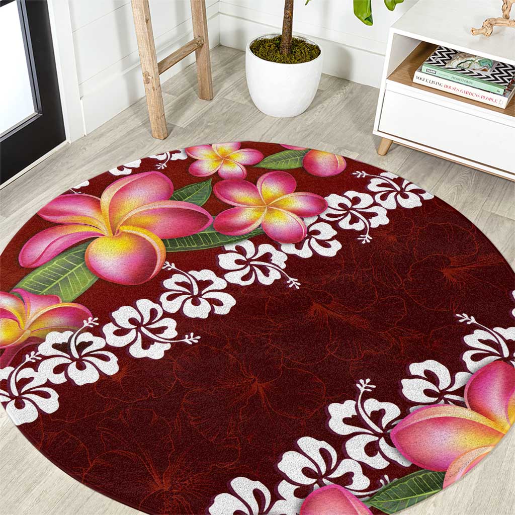 Oxblood Polynesia Round Carpet Plumeria With Hibiscus Pattern Tropical Vibes