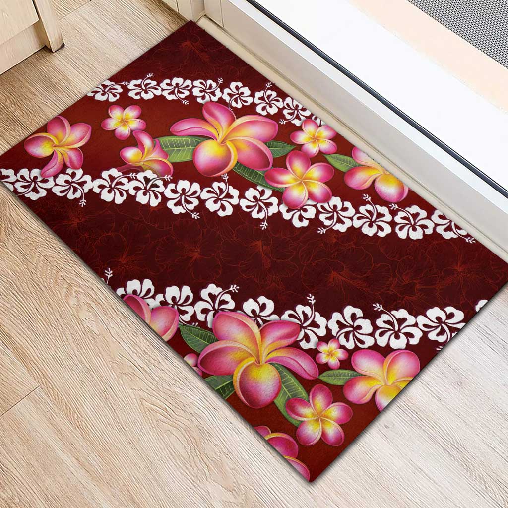 Oxblood Polynesia Rubber Doormat Plumeria With Hibiscus Pattern Tropical Vibes LT14 - Polynesian Pride