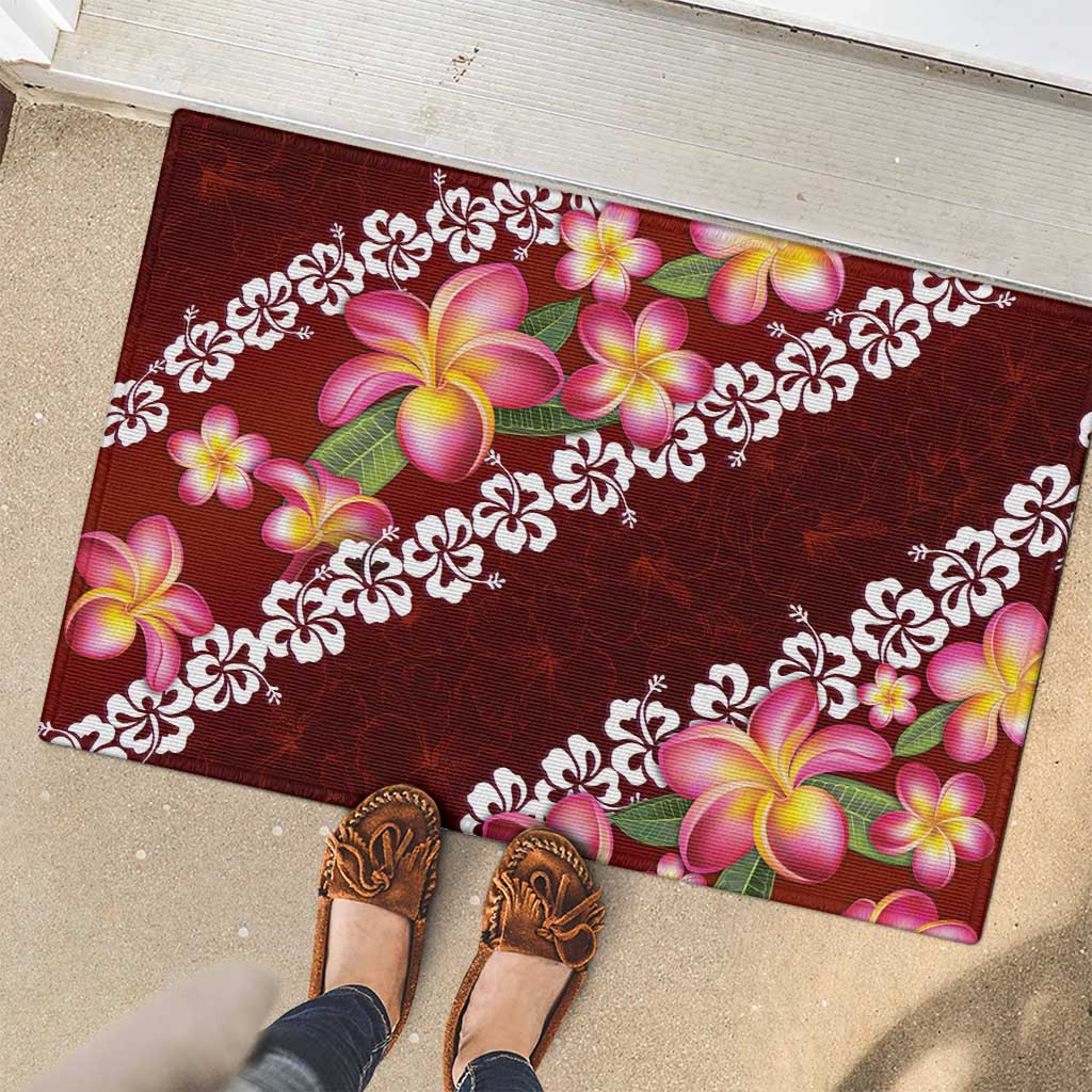 Oxblood Polynesia Rubber Doormat Plumeria With Hibiscus Pattern Tropical Vibes LT14 - Polynesian Pride