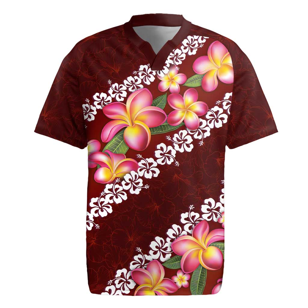 Oxblood Polynesia Rugby Jersey Plumeria With Hibiscus Pattern Tropical Vibes