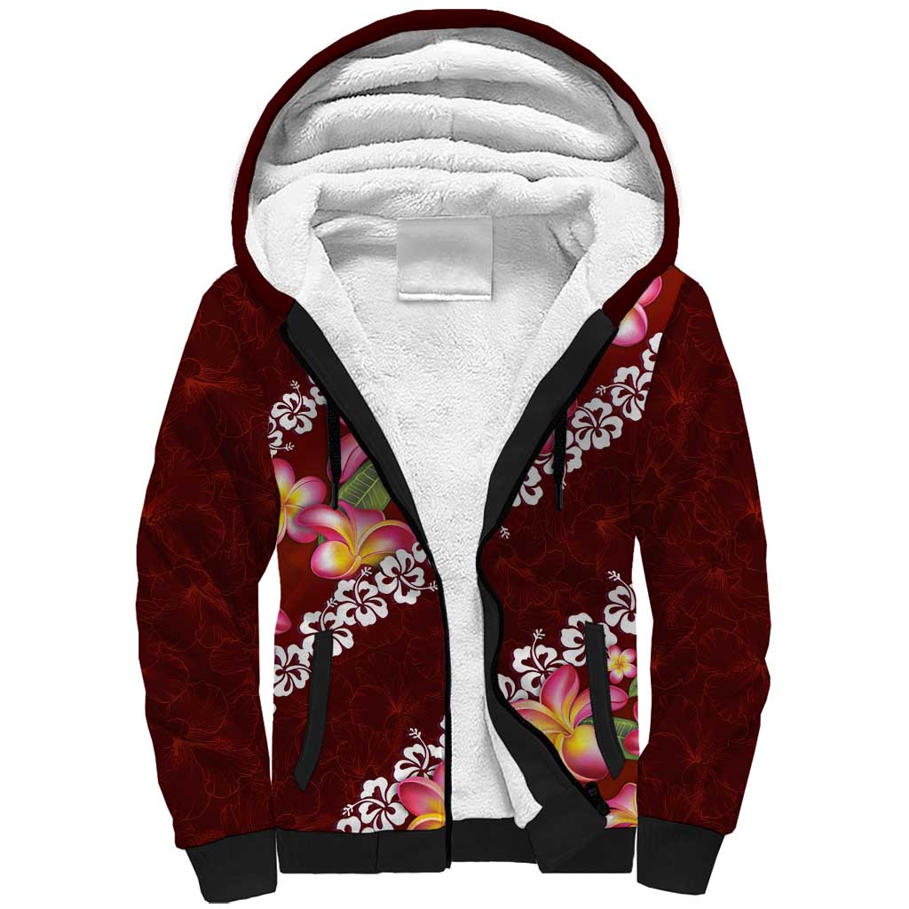 Oxblood Polynesia Sherpa Hoodie Plumeria With Hibiscus Pattern Tropical Vibes LT14 Unisex Oxblood - Polynesian Pride
