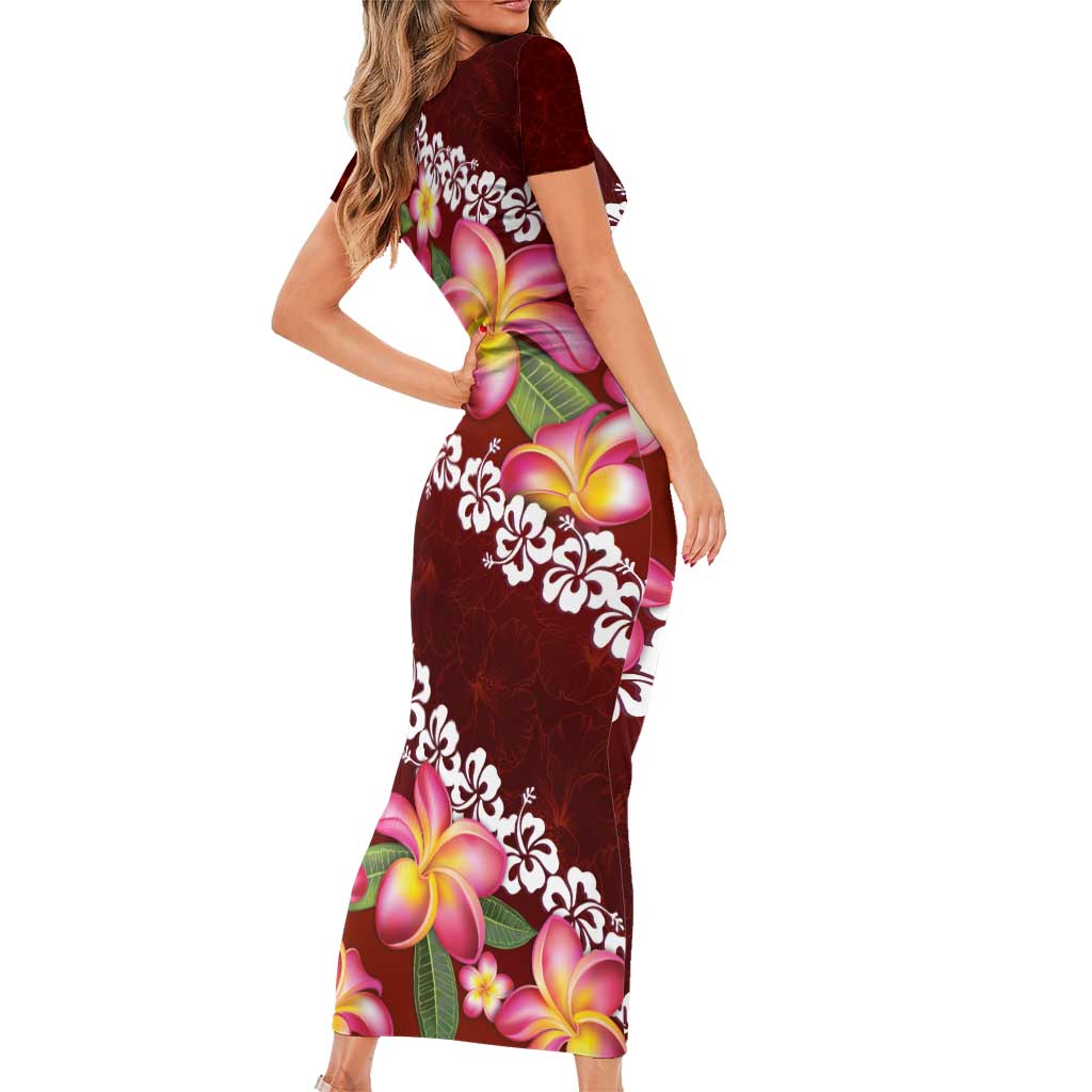 Oxblood Polynesia Short Sleeve Bodycon Dress Plumeria With Hibiscus Pattern Tropical Vibes
