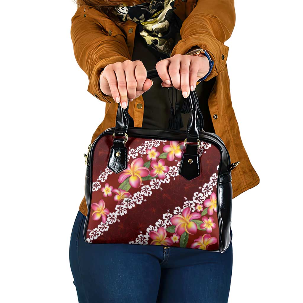 Oxblood Polynesia Shoulder Handbag Plumeria With Hibiscus Pattern Tropical Vibes