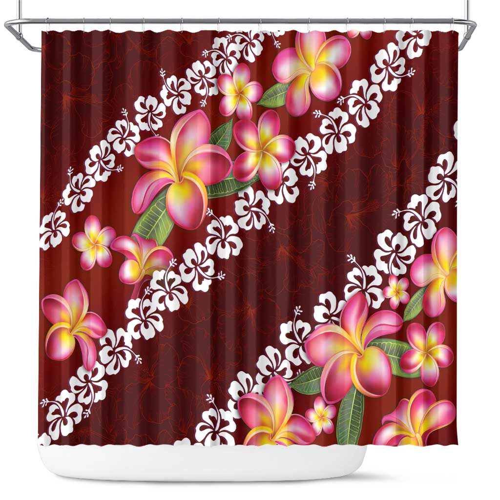 Oxblood Polynesia Shower Curtain Plumeria With Hibiscus Pattern Tropical Vibes