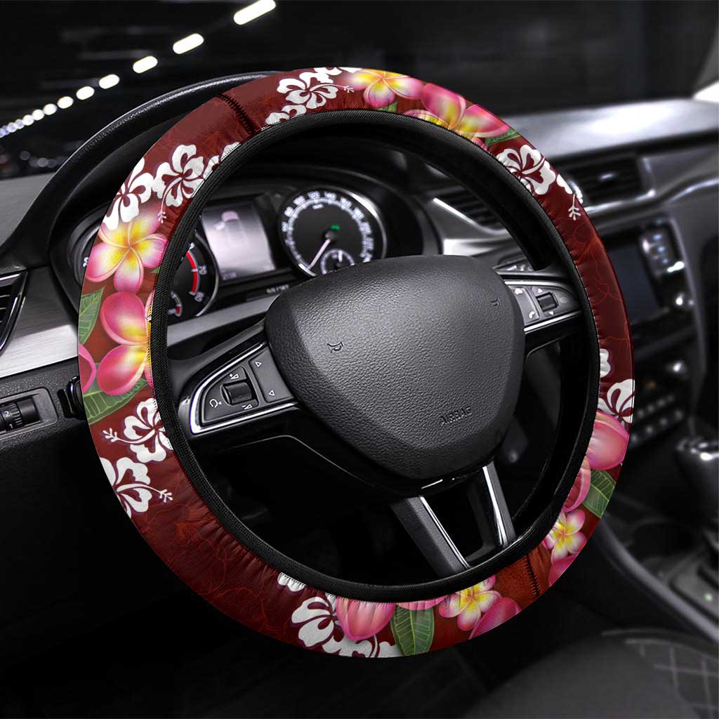 Oxblood Polynesia Steering Wheel Cover Plumeria With Hibiscus Pattern Tropical Vibes LT14 Universal Fit Oxblood - Polynesian Pride