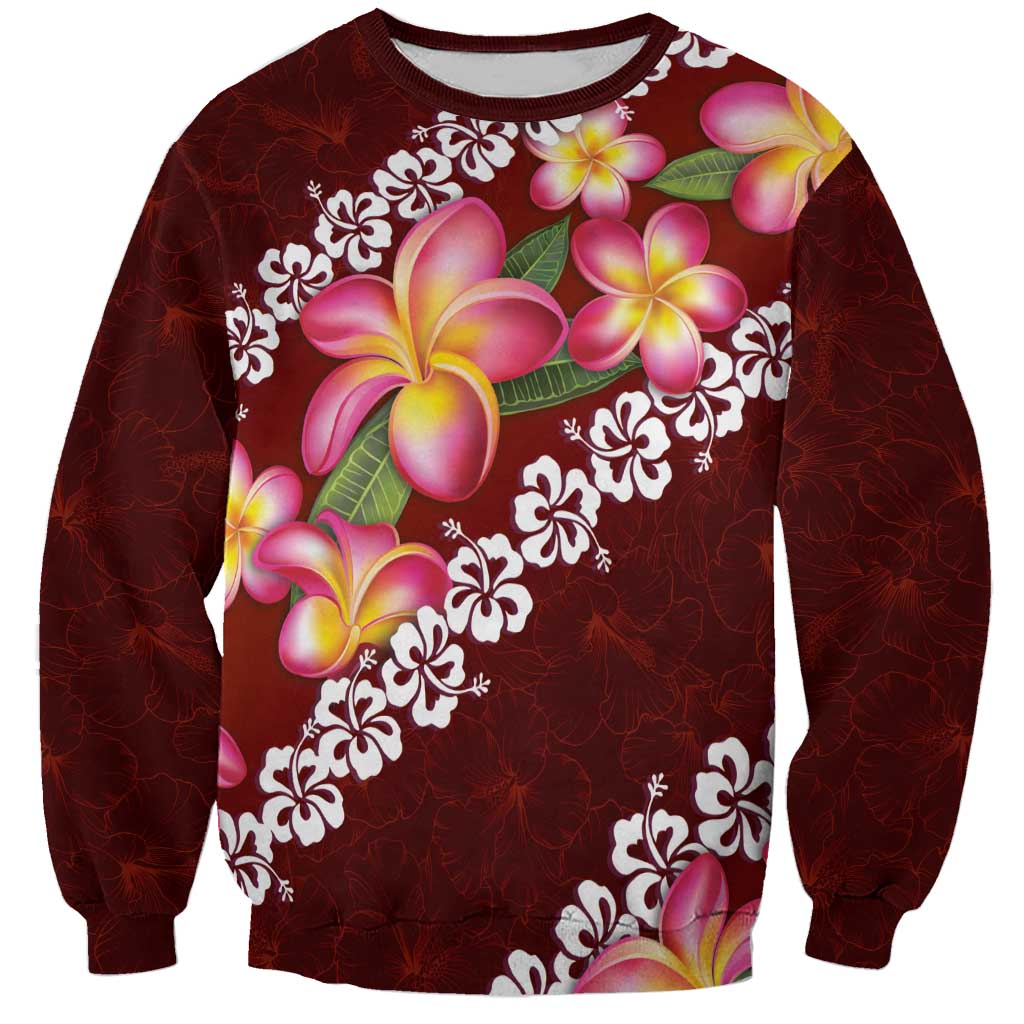 Oxblood Polynesia Sweatshirt Plumeria With Hibiscus Pattern Tropical Vibes LT14 Unisex Oxblood - Polynesian Pride