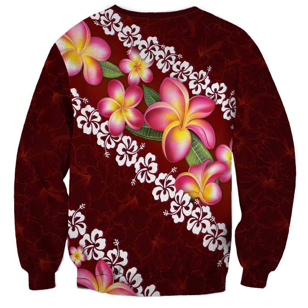 Oxblood Polynesia Sweatshirt Plumeria With Hibiscus Pattern Tropical Vibes LT14 - Polynesian Pride