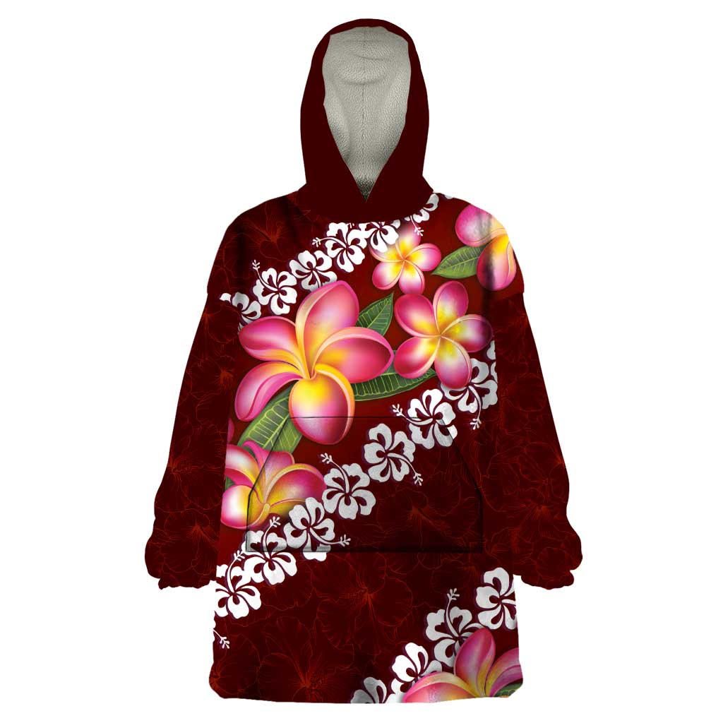 Oxblood Polynesia Wearable Blanket Hoodie Plumeria With Hibiscus Pattern Tropical Vibes LT14 One Size Oxblood - Polynesian Pride