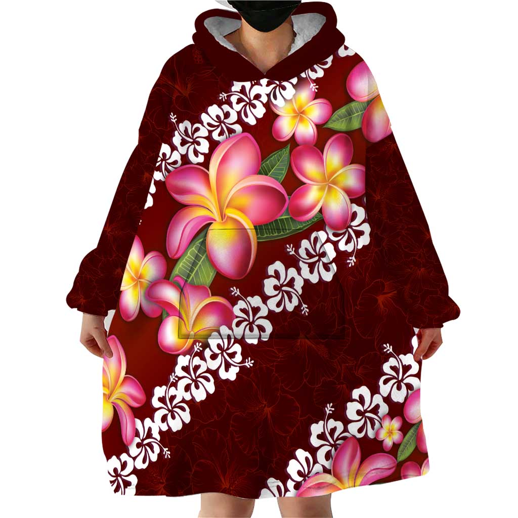 Oxblood Polynesia Wearable Blanket Hoodie Plumeria With Hibiscus Pattern Tropical Vibes LT14 - Polynesian Pride