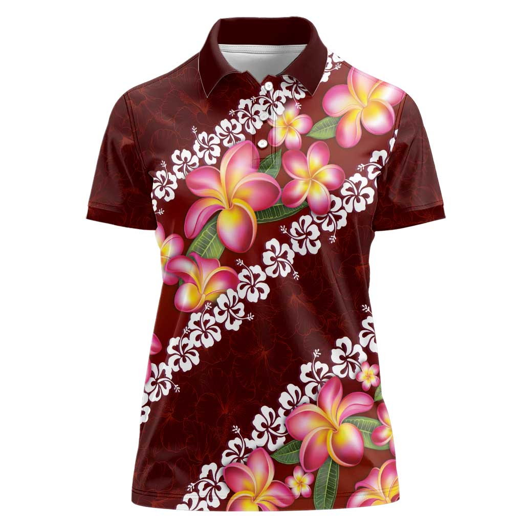 Oxblood Polynesia Women Polo Shirt Plumeria With Hibiscus Pattern Tropical Vibes