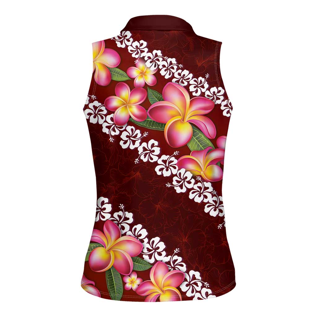 Oxblood Polynesia Women Sleeveless Polo Shirt Plumeria With Hibiscus Pattern Tropical Vibes
