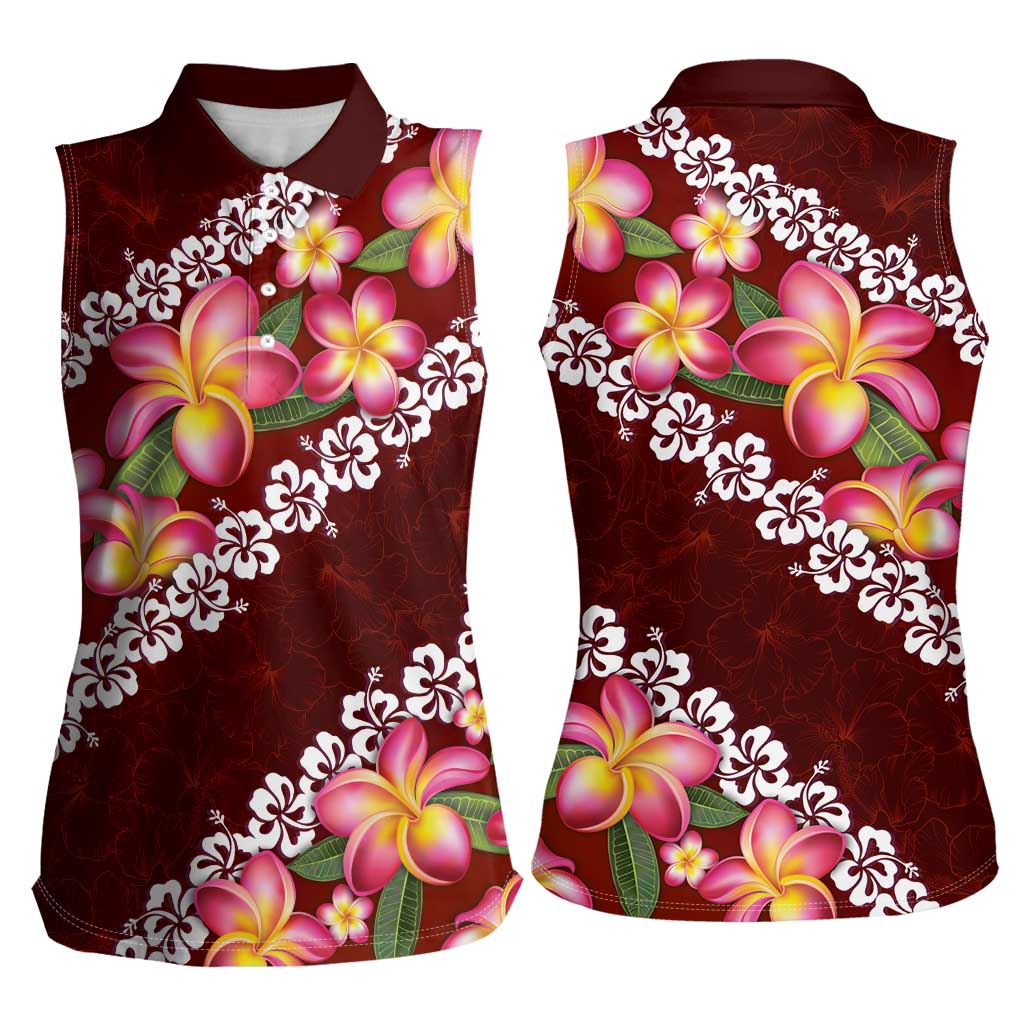 Oxblood Polynesia Women Sleeveless Polo Shirt Plumeria With Hibiscus Pattern Tropical Vibes