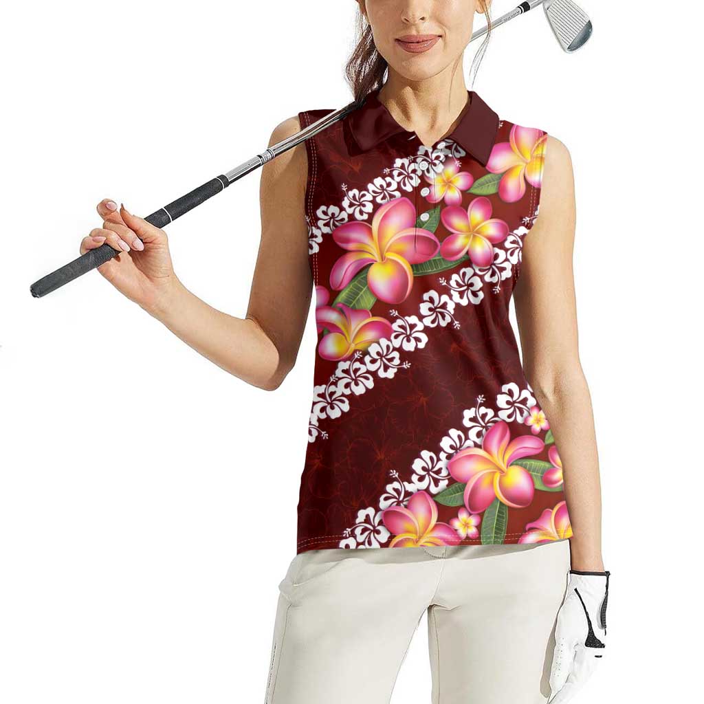 Oxblood Polynesia Women Sleeveless Polo Shirt Plumeria With Hibiscus Pattern Tropical Vibes