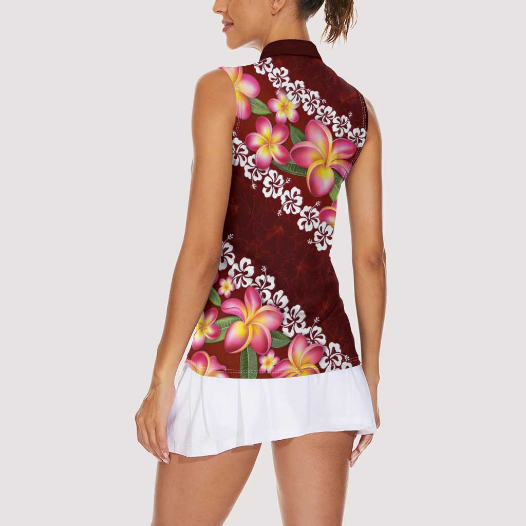 Oxblood Polynesia Women Sleeveless Polo Shirt Plumeria With Hibiscus Pattern Tropical Vibes