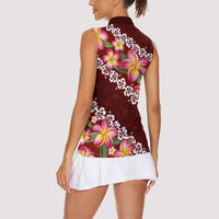 Oxblood Polynesia Women Sleeveless Polo Shirt Plumeria With Hibiscus Pattern Tropical Vibes