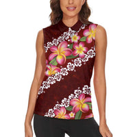 Oxblood Polynesia Women Sleeveless Polo Shirt Plumeria With Hibiscus Pattern Tropical Vibes