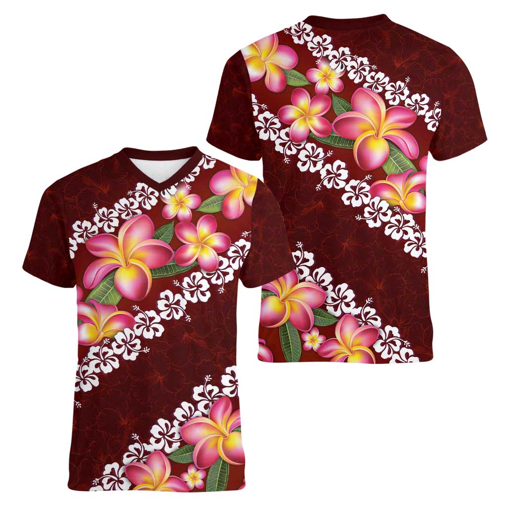 Oxblood Polynesia Women V-Neck T-Shirt Plumeria With Hibiscus Pattern Tropical Vibes