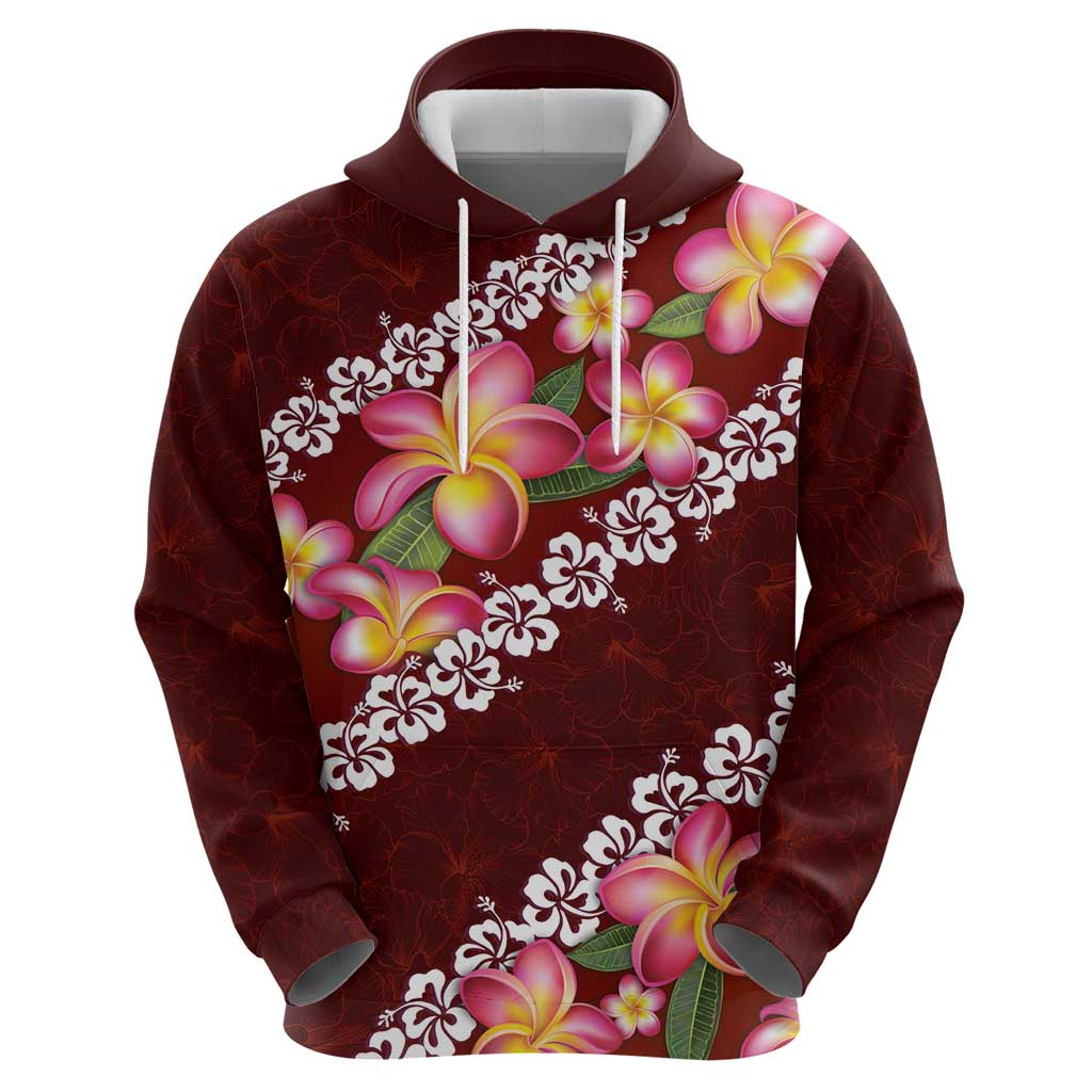 Oxblood Polynesia Zip Hoodie Plumeria With Hibiscus Pattern Tropical Vibes