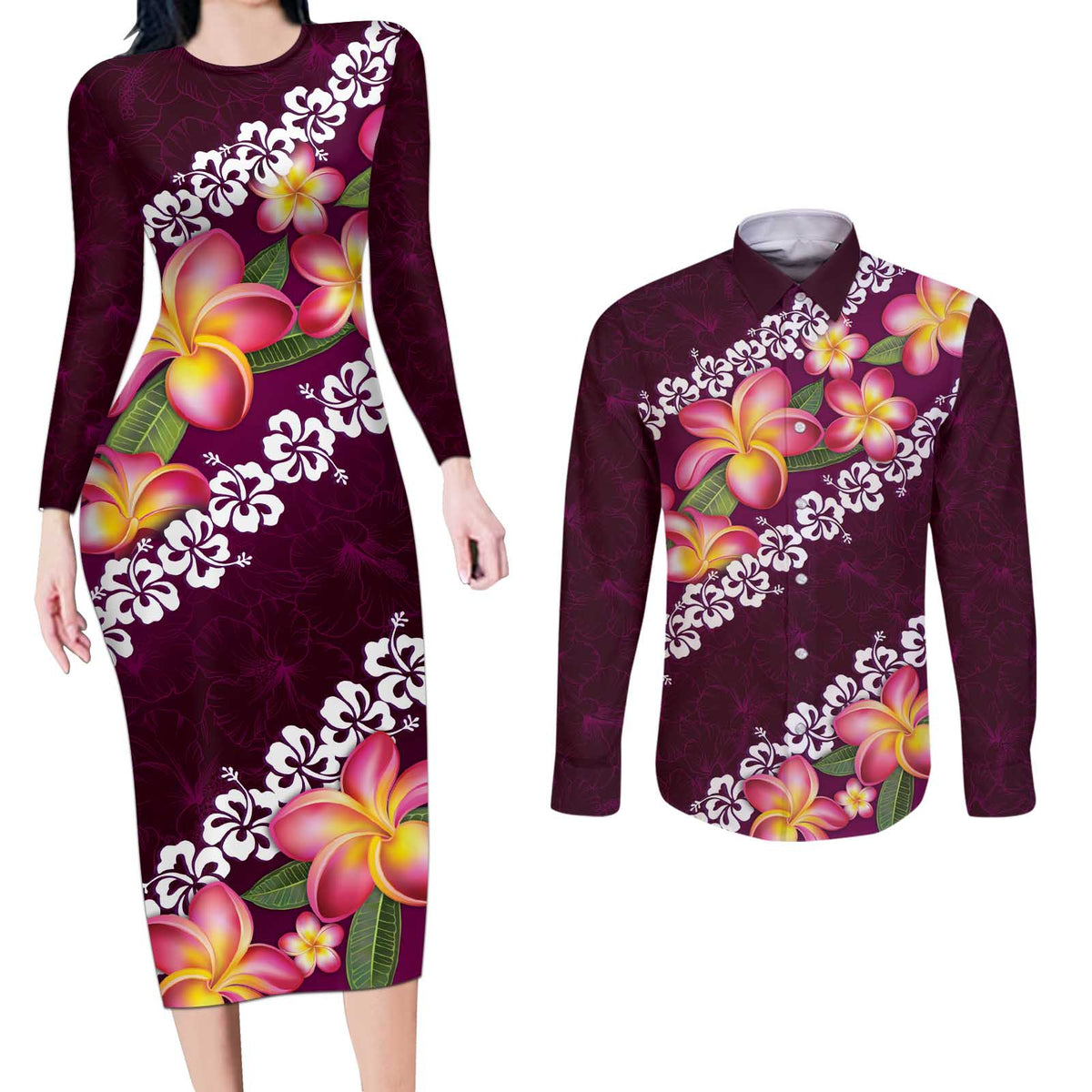 Pink Polynesia Couples Matching Long Sleeve Bodycon Dress and Long Sleeve Button Shirt Plumeria With Hibiscus Pattern Tropical Vibes LT14 Pink - Polynesian Pride