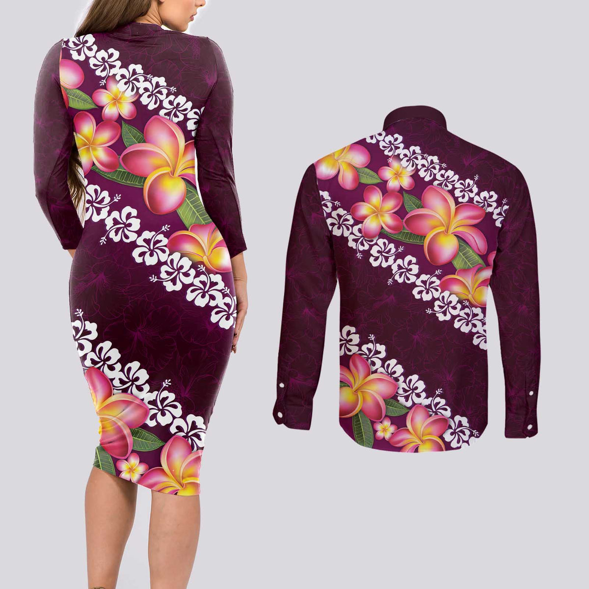 Pink Polynesia Couples Matching Long Sleeve Bodycon Dress and Long Sleeve Button Shirt Plumeria With Hibiscus Pattern Tropical Vibes LT14 - Polynesian Pride