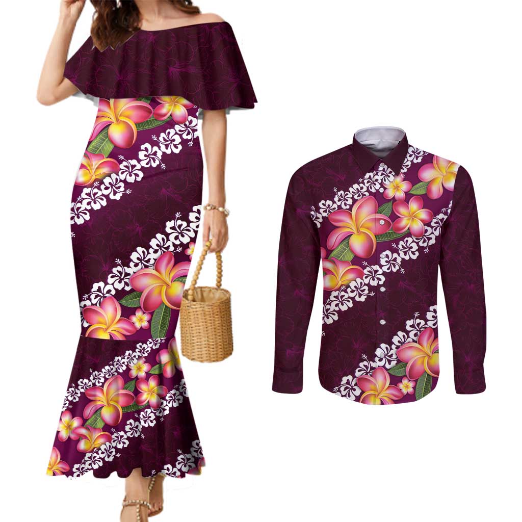 Pink Polynesia Couples Matching Mermaid Dress and Long Sleeve Button Shirt Plumeria With Hibiscus Pattern Tropical Vibes LT14 Pink - Polynesian Pride