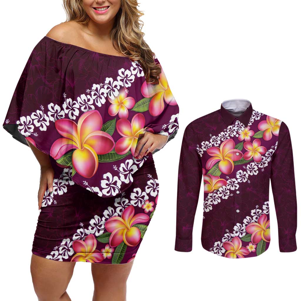 Pink Polynesia Couples Matching Off Shoulder Short Dress and Long Sleeve Button Shirt Plumeria With Hibiscus Pattern Tropical Vibes LT14 Pink - Polynesian Pride