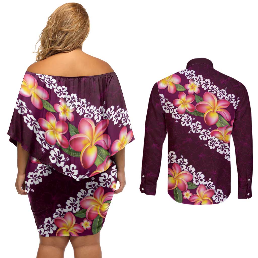 Pink Polynesia Couples Matching Off Shoulder Short Dress and Long Sleeve Button Shirt Plumeria With Hibiscus Pattern Tropical Vibes LT14 - Polynesian Pride