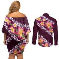 Pink Polynesia Couples Matching Off Shoulder Short Dress and Long Sleeve Button Shirt Plumeria With Hibiscus Pattern Tropical Vibes LT14 - Polynesian Pride