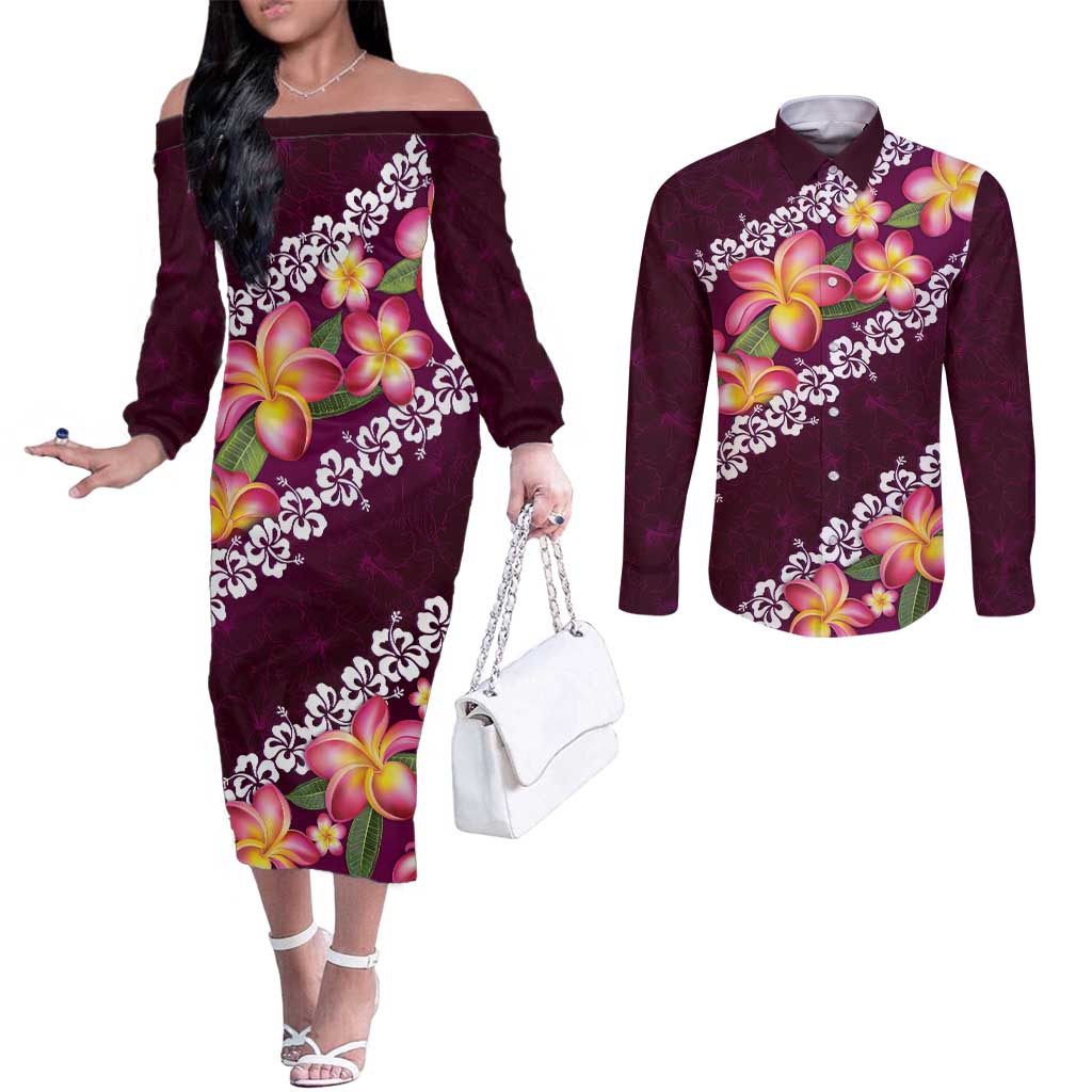 Pink Polynesia Couples Matching Off The Shoulder Long Sleeve Dress and Long Sleeve Button Shirt Plumeria With Hibiscus Pattern Tropical Vibes LT14 Pink - Polynesian Pride