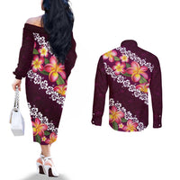 Pink Polynesia Couples Matching Off The Shoulder Long Sleeve Dress and Long Sleeve Button Shirt Plumeria With Hibiscus Pattern Tropical Vibes LT14 - Polynesian Pride