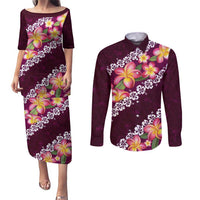 Pink Polynesia Couples Matching Puletasi and Long Sleeve Button Shirt Plumeria With Hibiscus Pattern Tropical Vibes LT14 Pink - Polynesian Pride