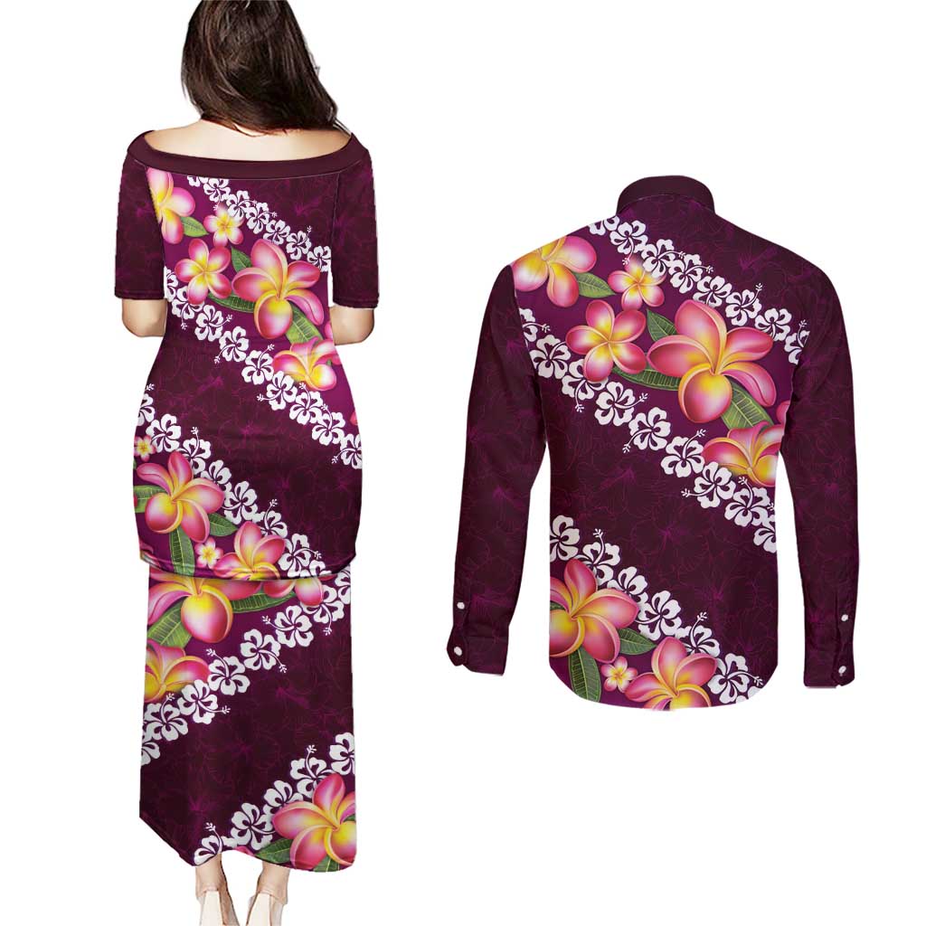Pink Polynesia Couples Matching Puletasi and Long Sleeve Button Shirt Plumeria With Hibiscus Pattern Tropical Vibes LT14 - Polynesian Pride