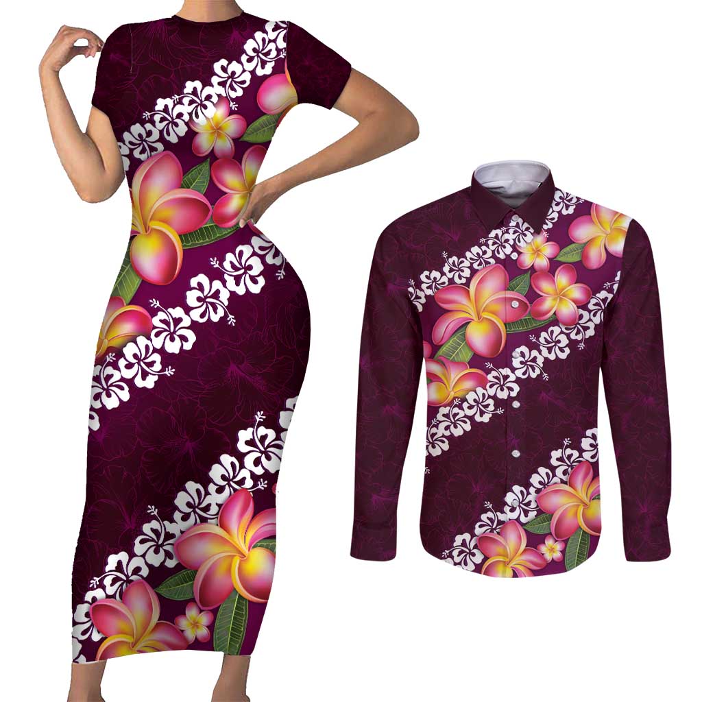 Pink Polynesia Couples Matching Short Sleeve Bodycon Dress and Long Sleeve Button Shirt Plumeria With Hibiscus Pattern Tropical Vibes LT14 Pink - Polynesian Pride