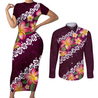 Pink Polynesia Couples Matching Short Sleeve Bodycon Dress and Long Sleeve Button Shirt Plumeria With Hibiscus Pattern Tropical Vibes LT14 Pink - Polynesian Pride