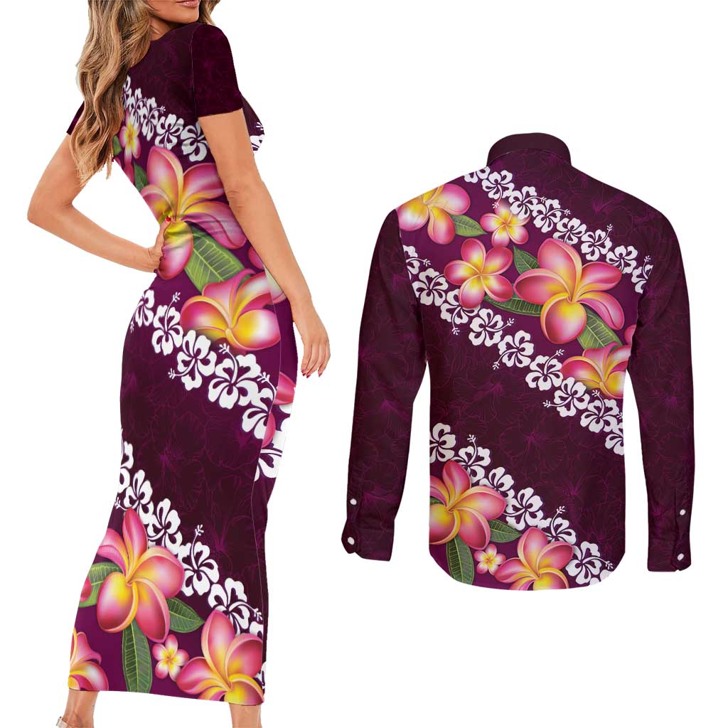 Pink Polynesia Couples Matching Short Sleeve Bodycon Dress and Long Sleeve Button Shirt Plumeria With Hibiscus Pattern Tropical Vibes LT14 - Polynesian Pride