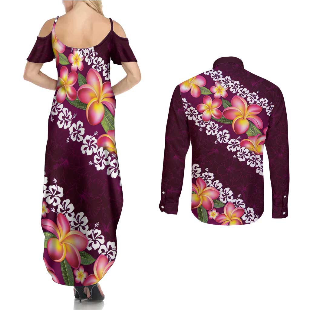 Pink Polynesia Couples Matching Summer Maxi Dress and Long Sleeve Button Shirt Plumeria With Hibiscus Pattern Tropical Vibes LT14 - Polynesian Pride