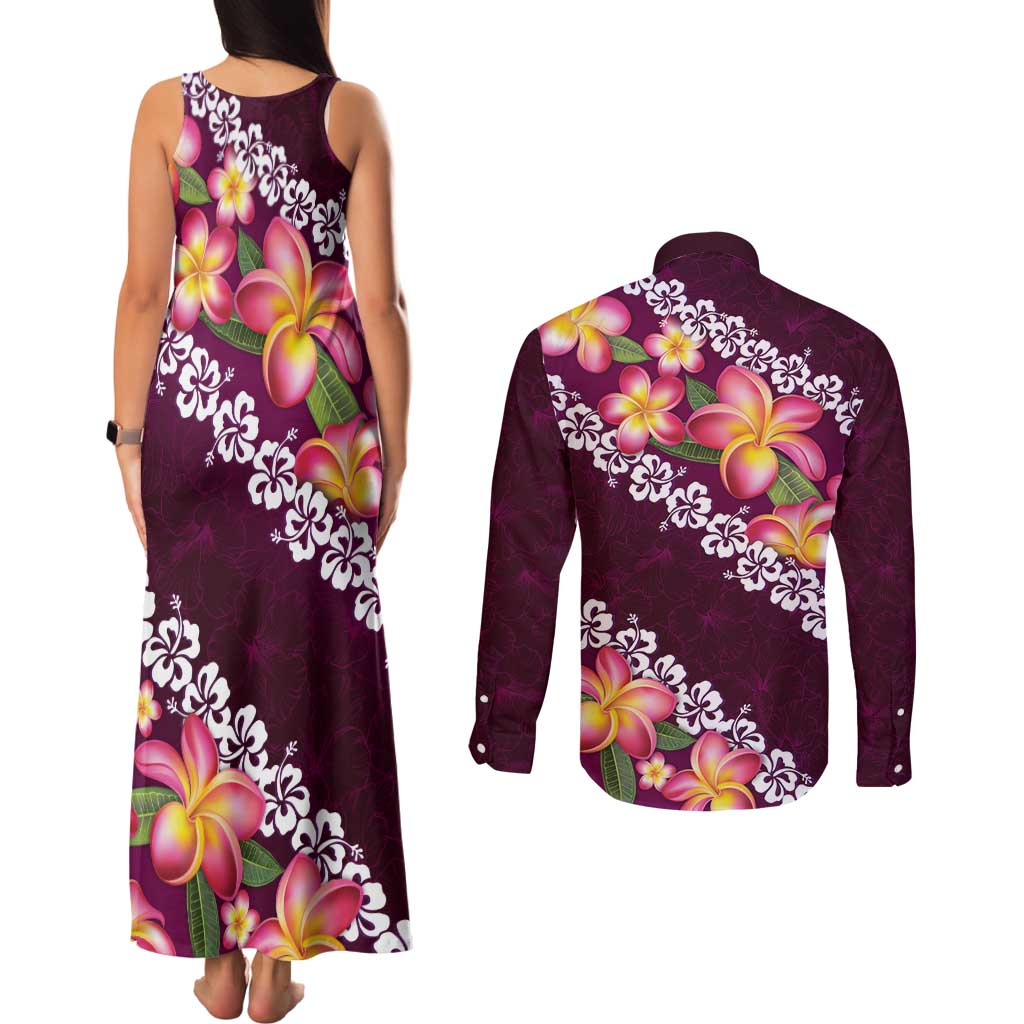Pink Polynesia Couples Matching Tank Maxi Dress and Long Sleeve Button Shirt Plumeria With Hibiscus Pattern Tropical Vibes LT14 - Polynesian Pride