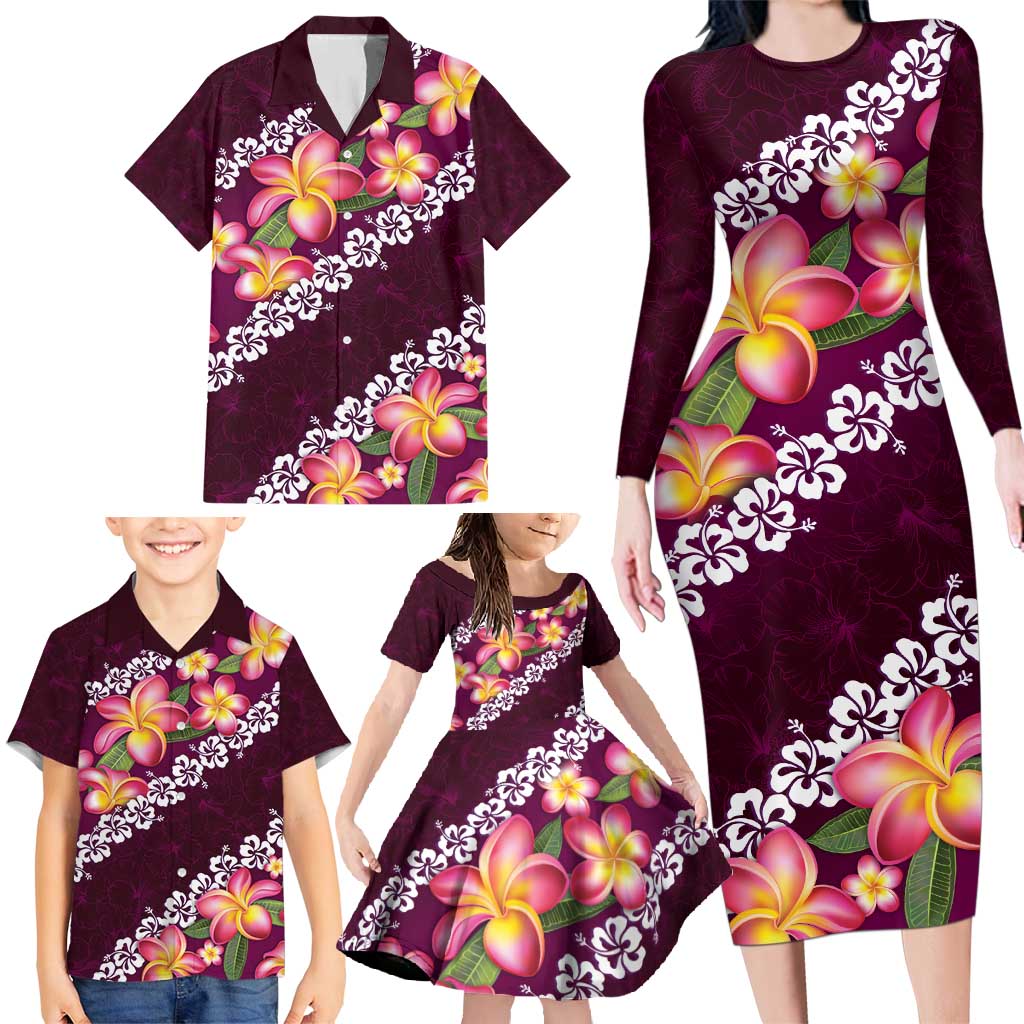 Pink Polynesia Family Matching Long Sleeve Bodycon Dress and Hawaiian Shirt Plumeria With Hibiscus Pattern Tropical Vibes