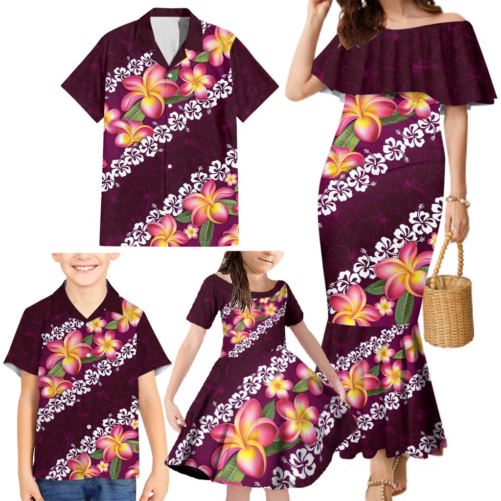 Pink Polynesia Family Matching Mermaid Dress and Hawaiian Shirt Plumeria With Hibiscus Pattern Tropical Vibes