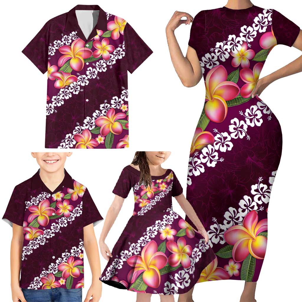 Pink Polynesia Family Matching Short Sleeve Bodycon Dress and Hawaiian Shirt Plumeria With Hibiscus Pattern Tropical Vibes