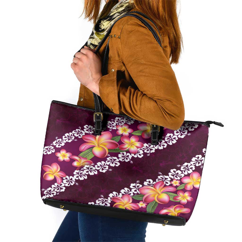 Pink Polynesia Leather Tote Bag Plumeria With Hibiscus Pattern Tropical Vibes LT14 Pink - Polynesian Pride